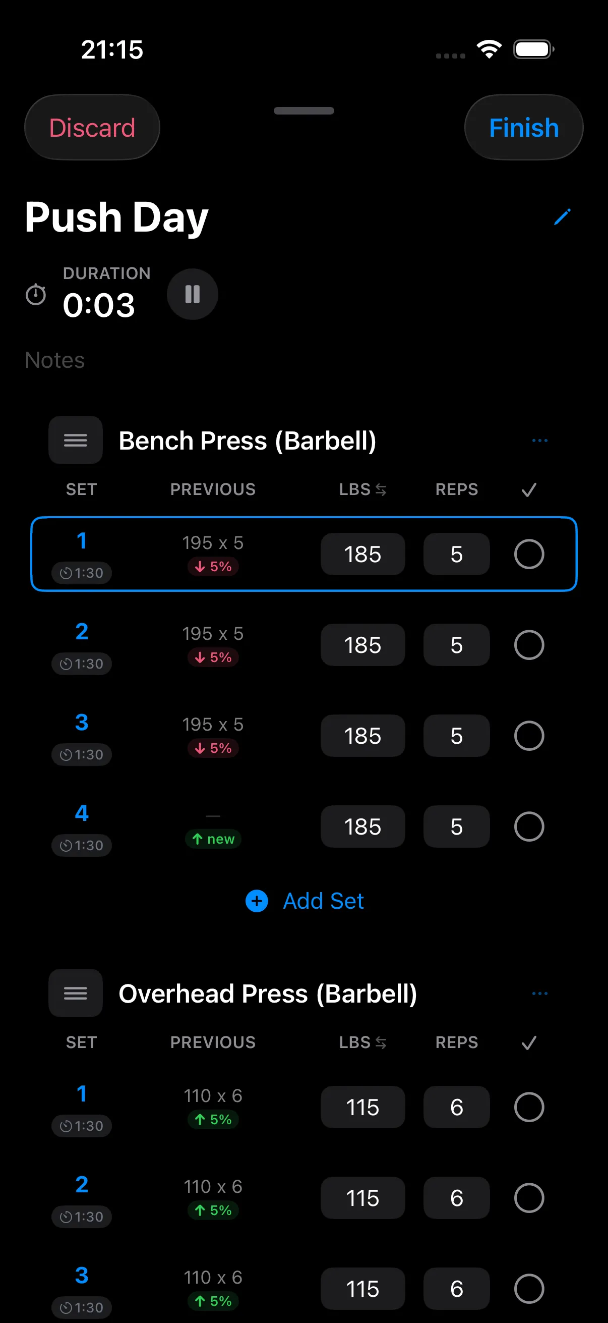 A live StockFit workout called Push Day: a duration timer, then Bench Press with four sets showing previous performance of 195 by 5, target weights of 185, per-set rest times of 1:30, and a highlighted current set.